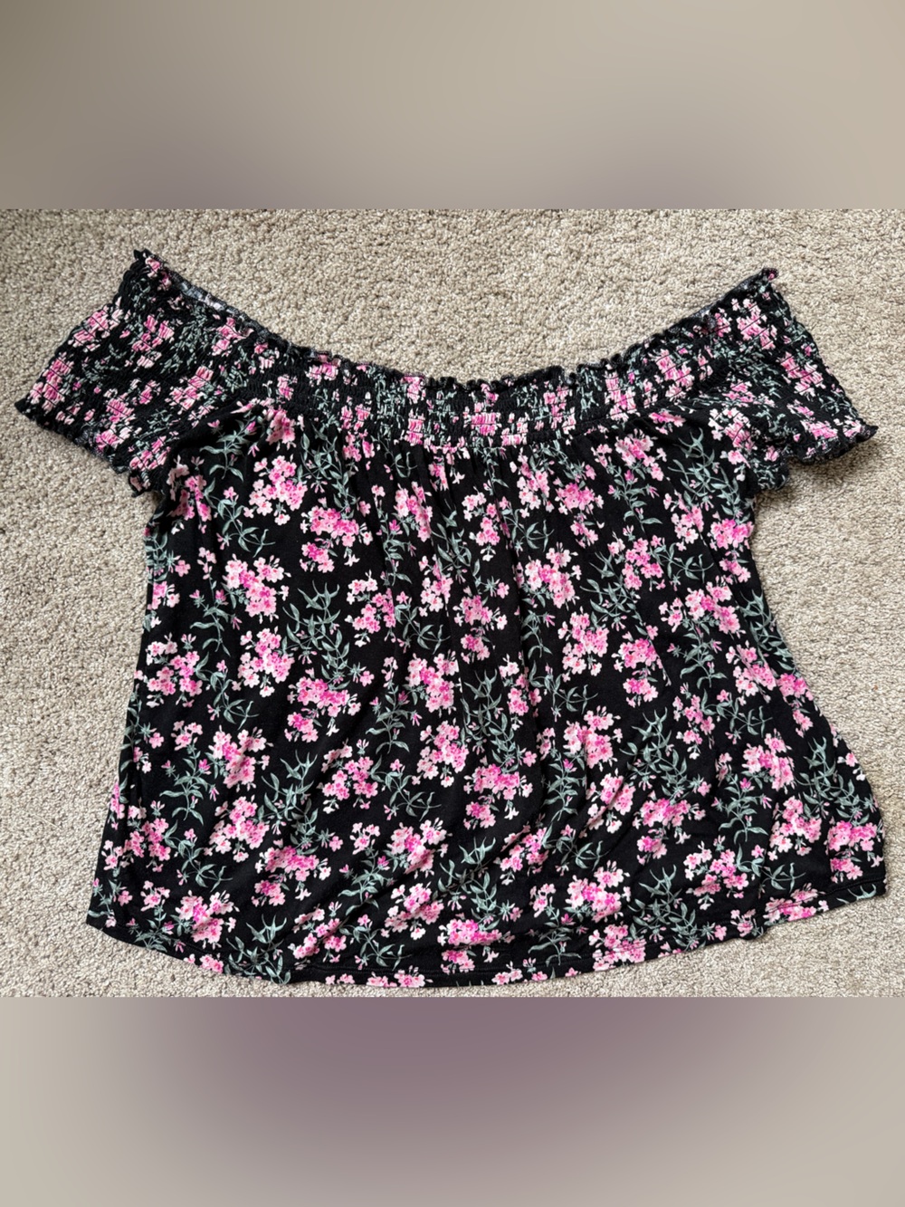 Off-Shoulder Black Floral Shirt with Pink Blossoms